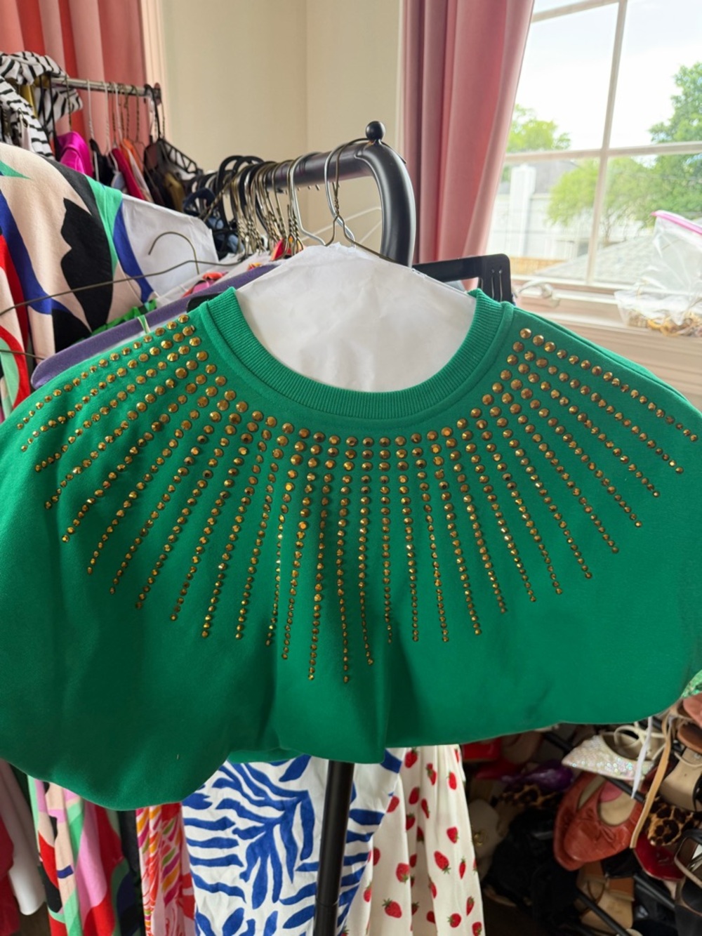QUEEN OF SPARKLES Green Crewneck Top with Gold Stud Radiance